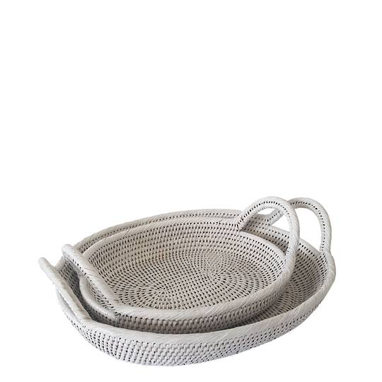 RATTAN OVAL BASKET SET/2 WITH HANDLES WHITE